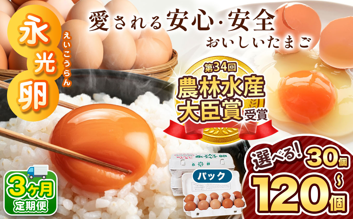 
            ＼ 2週間以内 に発送 ／ 【 定期便 3回 】メディア紹介多数！ 永光卵 30個 ～ 120個 卵 たまご 選べる 個数 回数 パック タイプ | スピード発送 送料無料 えいこうらん 光永ファーム みつなが 安心 安全 おいしい卵 ゆうパック 君津市 きみつ 千葉県 すぐ届く
          