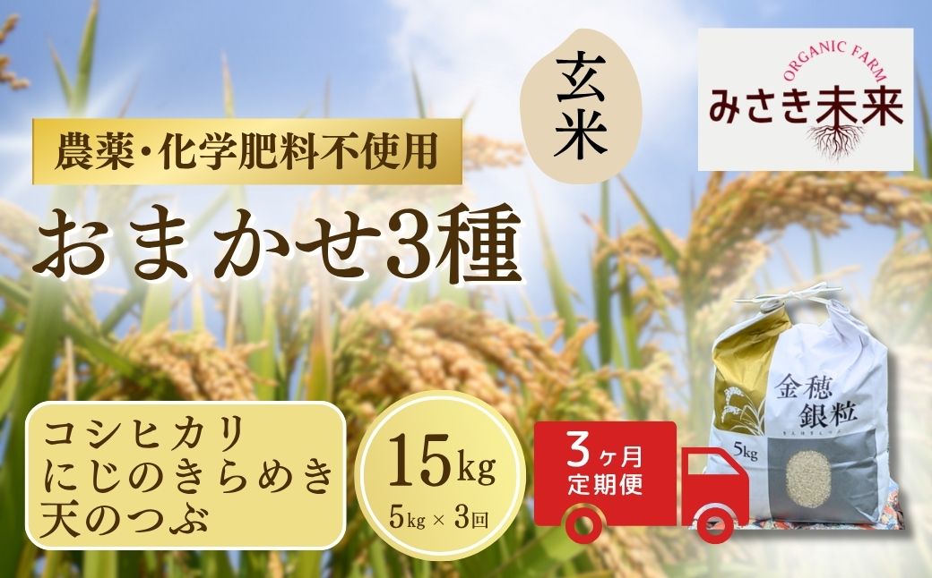 【先行予約】【3か月定期便】玄米おまかせ3品種 各品種・計45kg (5kg×3回) 令和8年産 コシヒカリ・にじのきらめき・天のつぶ | 無農薬 農薬不使用 化学肥料不使用 精米 お米 米 こめ コ