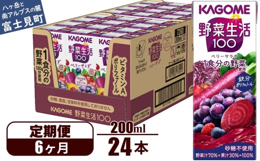 【 定期便 6ヶ月 】 カゴメ 野菜生活100 ベリーサラダ 200ml×24本 ジュース 野菜 果実ミックスジュース 果汁飲料 紙パック 砂糖不使用 5食分の野菜 鉄分 ポリフェノール ビタミンA 飲料類 ドリンク 野菜ドリンク 備蓄 長期保存 防災 飲みもの 長野県 富士見町