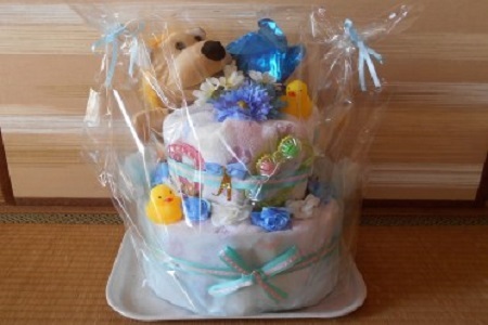 オムツケーキ　Mサイズ【直径：約20cm~35cm、高さ：約40cm】（ブルー）（015_5002）