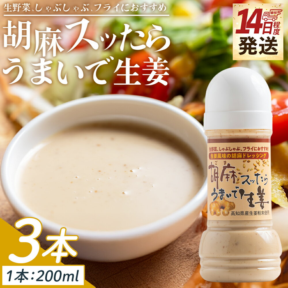【ふるさと納税】胡麻スッたらうまいで生姜 3本セット(200ml×3) - 国産 調味料 胡麻ドレッシング ごま 甘口 野菜 サラダ しゃぶしゃぶ フライ 加工品 高知県特産品販売 高知県 香南市【常温】 kc-0004