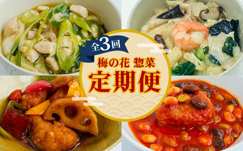 
            梅の花 惣菜定期便(全3回)  (レンジ 惣菜 惣菜セット レンジ調理 おかず 定期便 おかずセット 冷凍惣菜 冷凍 お惣菜 定期便 3カ月 長州鶏 湯葉 黒酢 和風 鶏湯葉丼 中華丼 豆腐ハンバーグ お惣菜 簡単調理  冷凍 詰め合わせ 井手町 京都府 梅の花
          