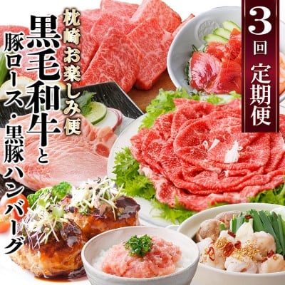 
定期便＜3回配送＞枕崎お楽しみ便(A5黒毛和牛・豚ロース・鹿籠豚ハンバーグ・かつお丼)LL-6037【1473519】
