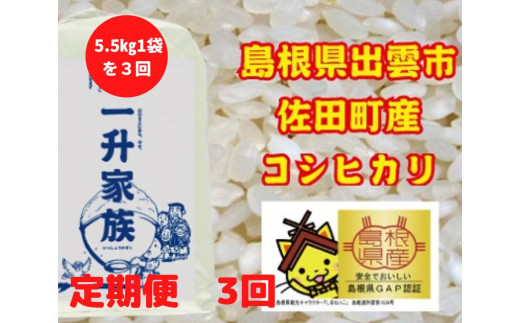 
【定期便3回】出雲市産コシヒカリ 5.5㎏入り白米1袋を毎月お届け！【3-073】
