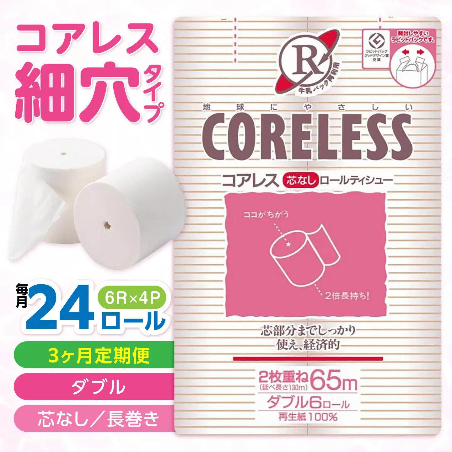 【全3回定期便】【細穴】トイレットペーパー ダブル 24ロール 65m コアレス VAA063