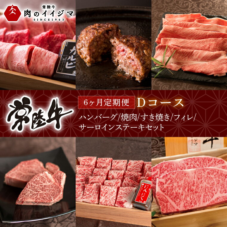 【ふるさと納税】【レビューキャンペーン】【定期便 全6回】常陸牛 6ヶ月 定期便 Dコース ハンバーグ 焼肉 すき焼き フィレ サーロイン ステーキ ヒレ肉 ステーキ肉 ギフト セット プレゼント 黒毛和牛 ふるさと納税 定期便 肉 ギフト対応【肉のイイジマ】（DU-110）
