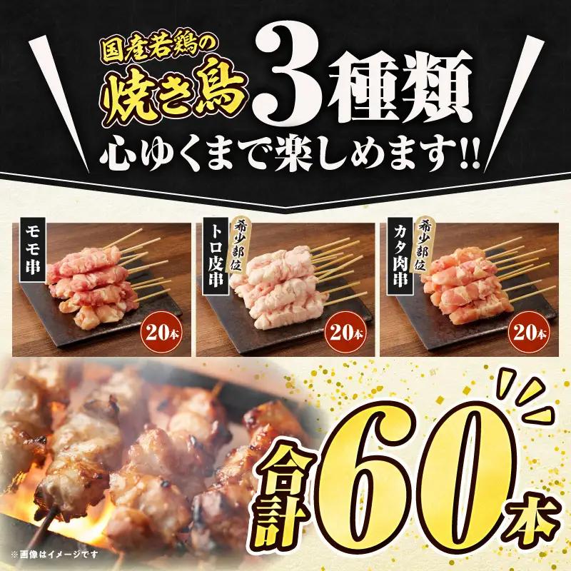 若鶏の焼き鳥3種(60本)盛り合わせ セット 詰め合わせ 食べ比べ 味比べ 焼鳥 鶏肉 肉 お肉 モモ トロ皮 カタ肉 串 串焼き BBQ キャンプ グランピング アウトドア グルメ おすすめ 宮崎市