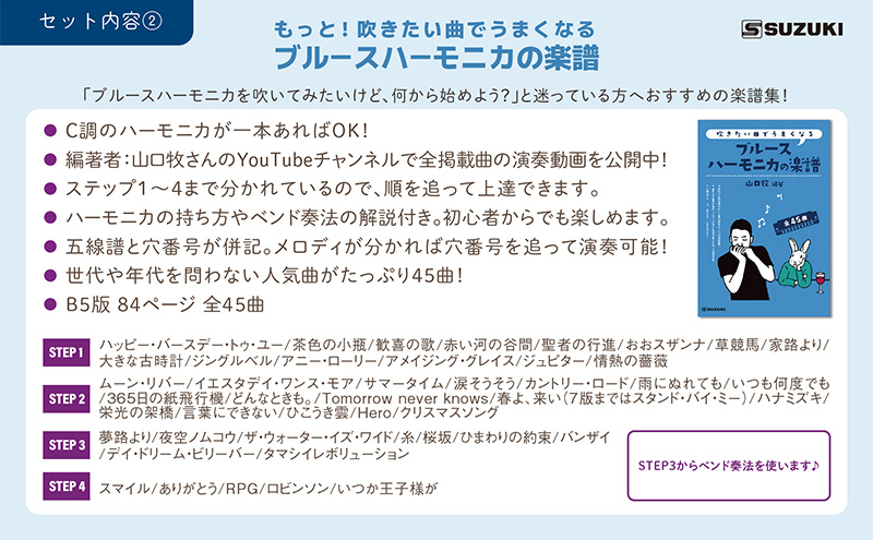 練習環境に困らないサイレンサー付き 10ホールハーモニカ　忍SHINOBIX (C調)と全45曲C調で演奏できる楽譜のセット