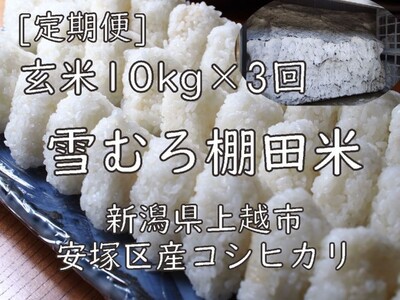令和7年 新潟県産 棚田米 コシヒカリ 玄米 定期便 30kg 30キロ (10kg×3回) 雪中貯蔵 雪むろ こしひかり お米 こめ 新潟 上越 米 送料無料