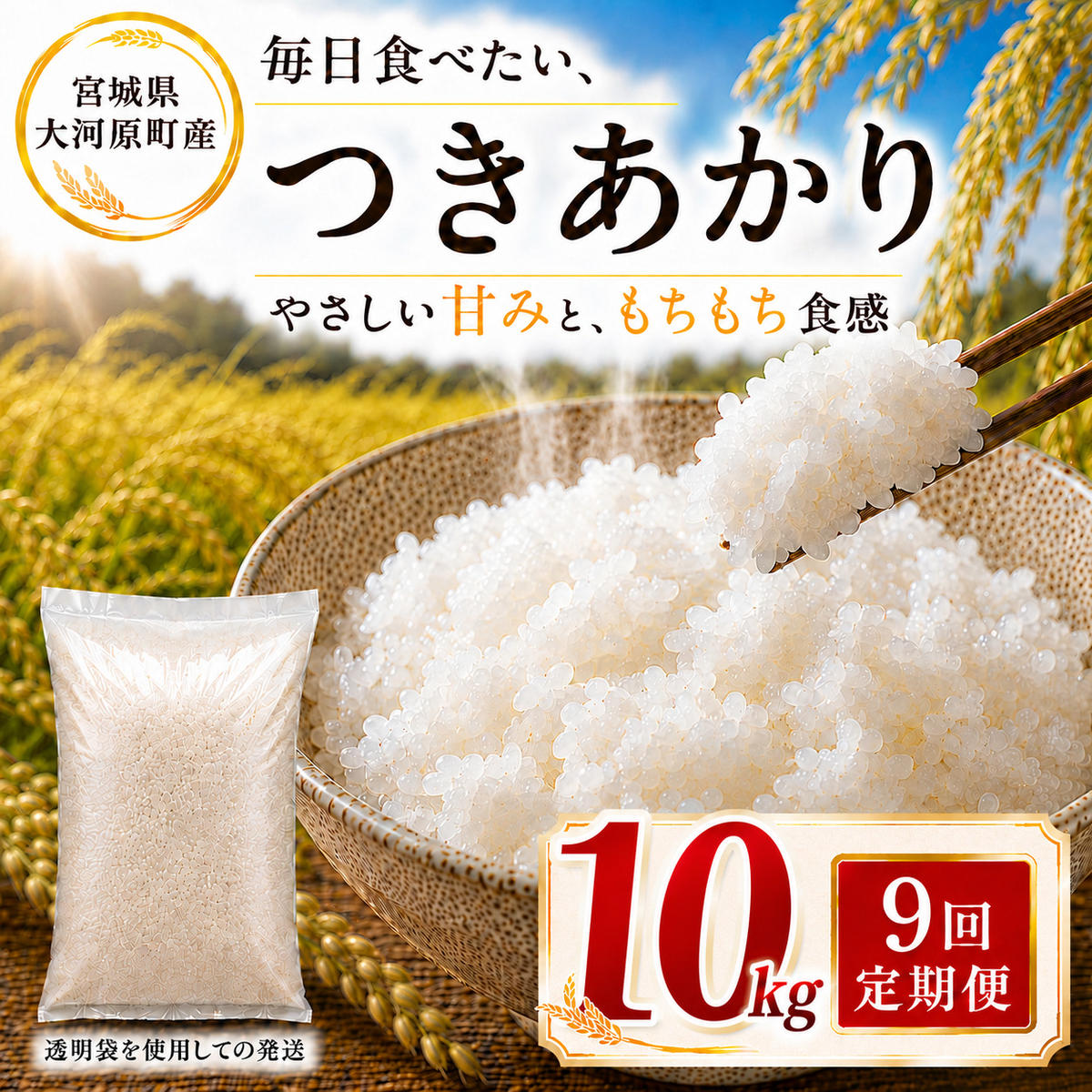つきあかり 定期便 9回/10kg（5kg×2袋） 令和8年産 新米 ブランド米 白米 精米 【小分け】 宮城県大河原町産
