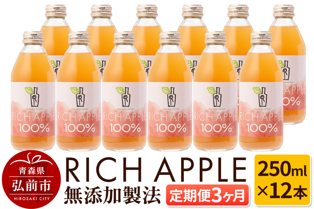 《定期便3ヶ月》RICH APPLE 無添加製法 りんごジュース12本セット（250ml×12本×3回）【飲料類 果汁飲料】