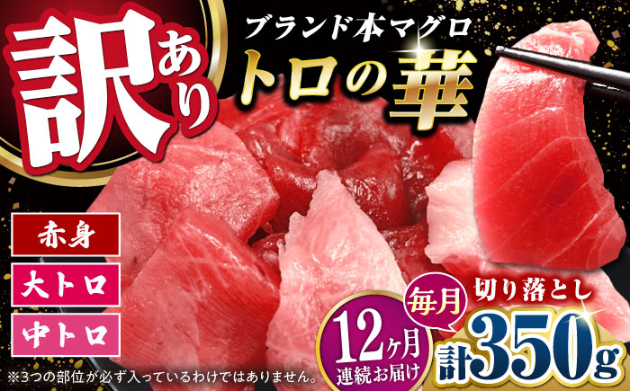 
            【全12回定期便】訳あり！対馬産 本マグロ 切り落とし 350g（5パック） ≪対馬市≫【桐谷商店】 トロの華 冷凍 新鮮 海鮮 小分け マグロ [WAQ022]
          