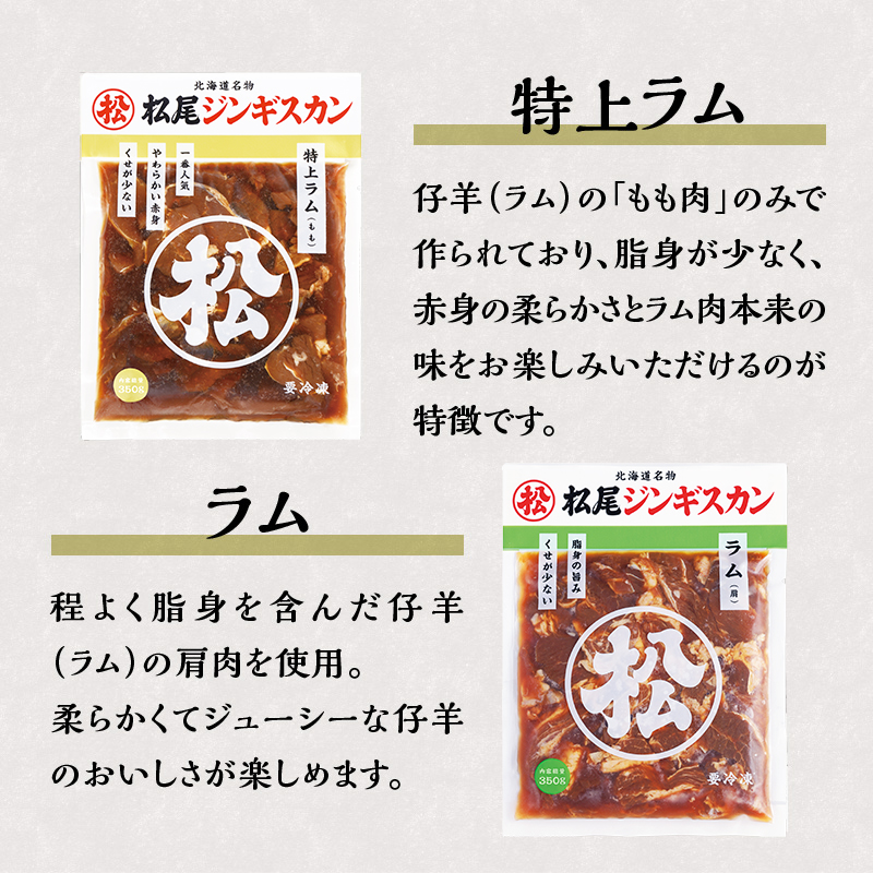 【松尾ジンギスカン】ラム肉食べ比べセットA 北海道 滝川 ソウルフード 成吉思汗 BBQ 肉 焼き肉 焼肉 バーべキュー ラム マトン ラム肉 羊 羊肉 ジンギスカン タレ 味付 個包装 冷凍 おすす