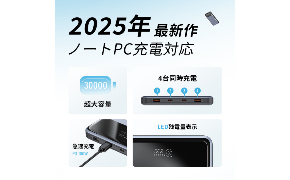 【2025年新モデル】モバイルバッテリー 30000mAh/111Wh大容量 USB-A出力 Type-C出力/入力 4台同時充電 PD110W急速充電 ノートPC充電対応 パワーバンク 多機種対応 