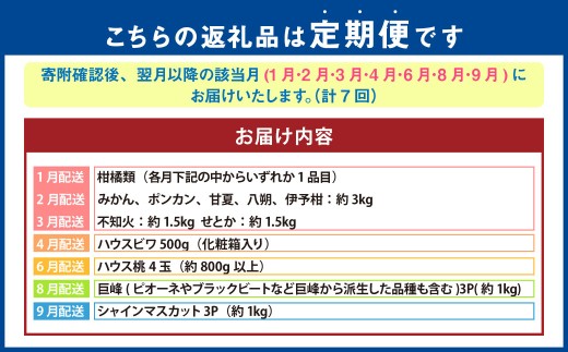 【 年7回定期便 （ 1月 ・ 2月 ・ 3月 ・ 4月 ・ 6月 ・ 8月 ・ 9月配送 ） 】 長崎 旬のフルーツ 定期便 ライト シャインマスカット ・ 巨峰 ・ ハウス桃 ・ びわ ・ 柑橘 
