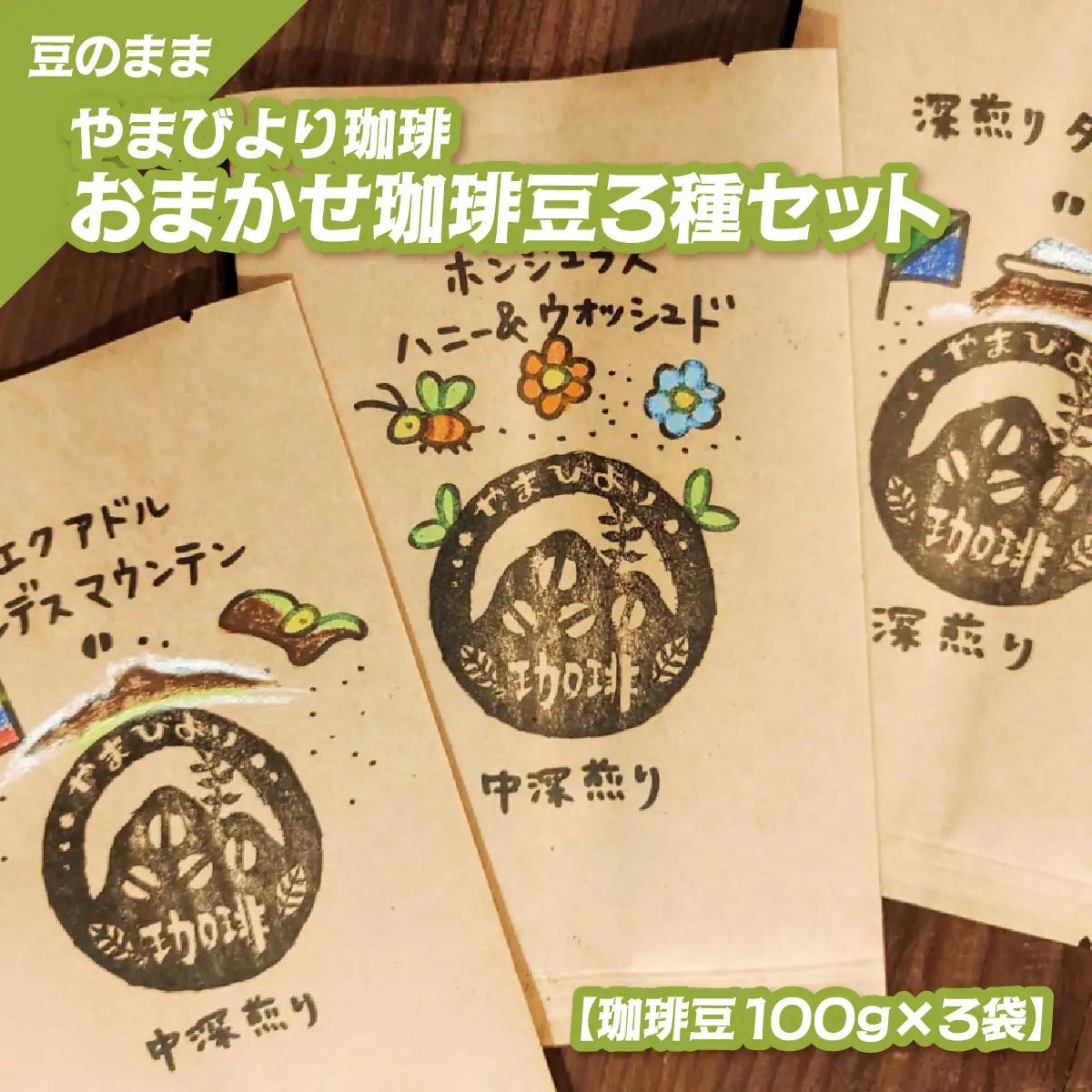 【豆のまま】やまびより珈琲 おまかせ珈琲豆3種セット【珈琲豆100g×3袋】 煎りたて 新鮮 香り高い まろやか 焙煎度選べる 中深煎り 深煎り 香り コク バランス 苦味 酸味少なめ HNNAF006