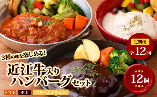 【レンジ対応可】 近江牛 入り ハンバーグ 3種食べ比べ 12個×12回 12ヶ月定期便