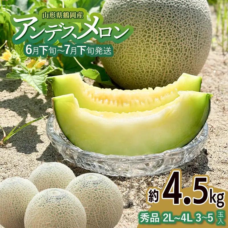 【令和8年産先行予約】アンデスメロン（青肉） 約4.5kg 2L～4L 【秀品】 3玉～５玉入 【令和8年6月下旬～7月下旬頃発送予定】 山形県鶴岡産 庄内砂丘メロン 御殿まりメロン 丸果庄内青果 
