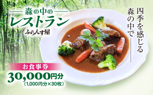 森の中のレストランふらんす屋 お食事券 30,000円分（1,000円分×30枚） ふるさと納税 食事券 チケット 森の中 レストラン テラス ドッグラン わんちゃんルーム 四季 自然 千葉県山武市 SMCB010