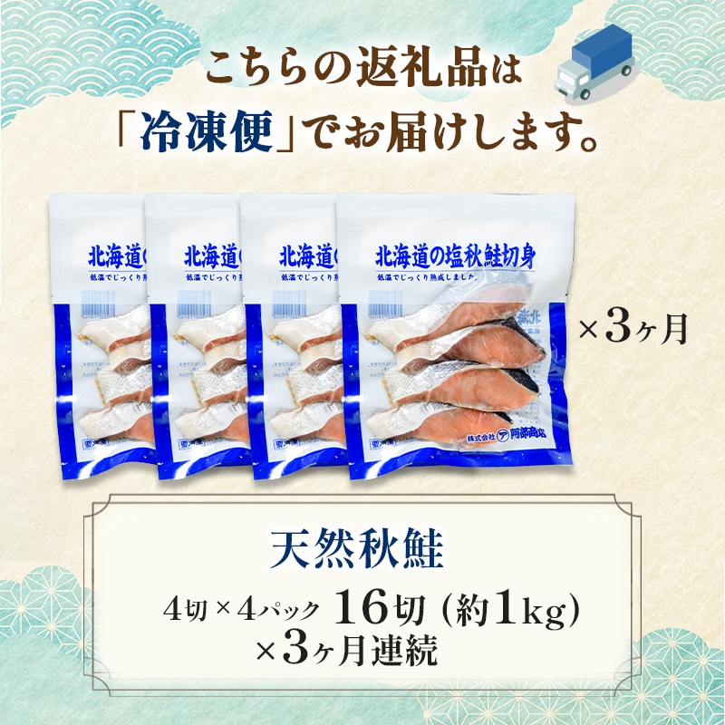 【3ヶ月連続定期便】北海道産マルア阿部商店特選 氷塩熟成 秋鮭切身 16切(4枚入×4袋) 定期便 鮭 サケ 秋鮭 北海道産 おかず 魚 魚介 海鮮 シャケ 切り身 北海道 _F4F-8087