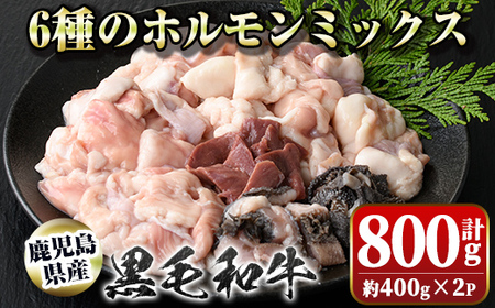 【P01001】鹿児島県産黒毛和牛ホルモンミックス(計約800g・約400g×2P)鹿児島 国産 九州産 黒毛和牛 牛肉 ホルモン ミックス ハツ モツ 冷凍 焼肉 もつ鍋 煮込み【新村畜産】