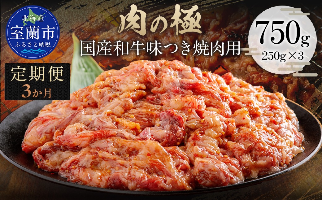 【3か月定期便】国産和牛味つき焼肉用 750g (250g×3)  MROBM014