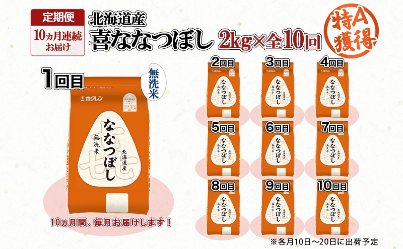 定期便 10ヵ月連続10回 北海道産 喜ななつぼし 無洗米 2kg 米 特A 白米 お取り寄せ ななつぼし ごはん ブランド米 2キロ お米 ご飯 北海道米 国産 備蓄 ようてい農業協同組合 ホクレン