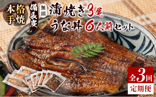 
＜4ヵ月に1回お届け＞新仔!!味鰻の本格手焼備長炭蒲焼 3尾（無頭）・うな丼6人前セット×3回定期便【F102-2311】
