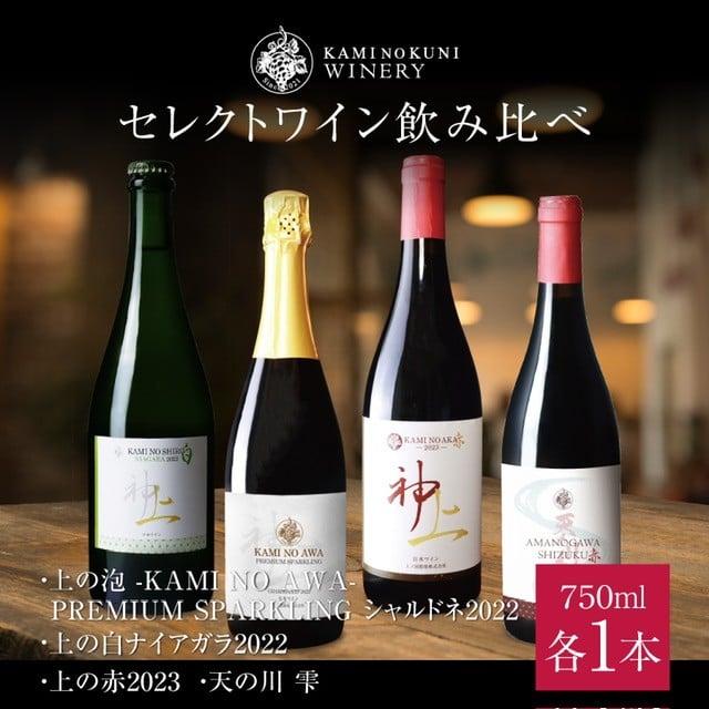 
                  上ノ国ワイナリーのセレクトワイン飲み比べセット「プレミアムシャルドネ2022＆ナイアガラ2022＆上の赤2023＆天の川雫」　750ml×各1本　北海道ワイン　ワイン　WINE　wine　白ワイン　赤ワイン　スパークリングワイン　パーティ
                