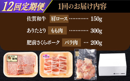 【12回定期便】佐賀和牛・ありたどり・肥前さくらポーク 焼肉セット 計650g【一ノ瀬畜産】[NAC170]