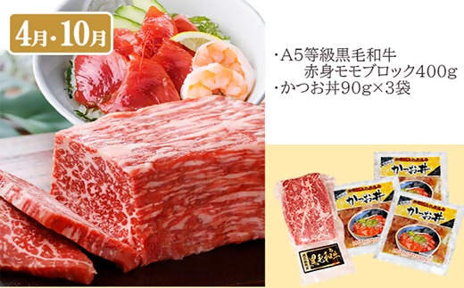 定期便(6回配送)　枕崎お楽しみ定期便(黒毛和牛・黒豚・加工品etc)　FF-6003【1487879】_ ふるさと納税 定期便 牛肉 和牛 黒豚 サーロイン ステーキ  ブロック カツオ 焼肉 さつ