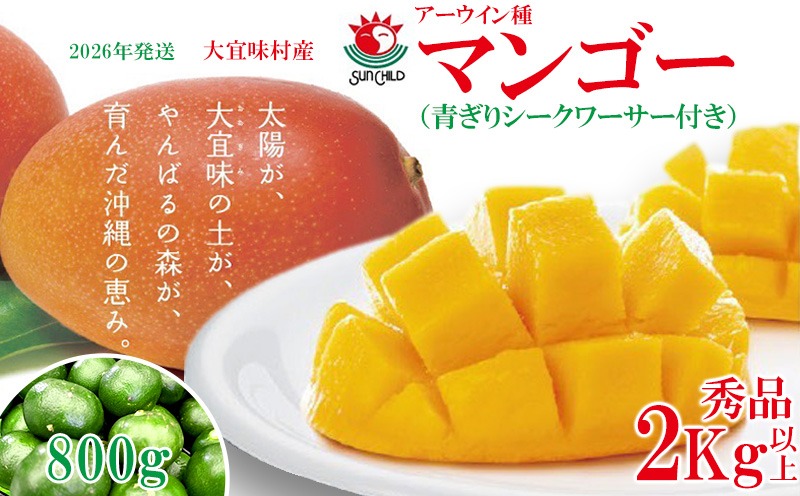 【2026年発送】大宜味村産 アーウィン種マンゴー　秀品2キロ以上（青ぎりシークワーサー800ｇ付き） フルーツ 果物 くだもの 果実 沖縄 大宜味村 食べ物 国産 秀品 九州産 産地直送 ギフト プレゼント トロピカル 送料無料 甘味 スイーツ お取り寄せ デザート マンゴー