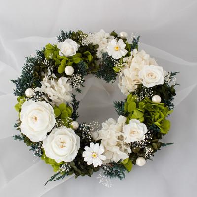 ふるさと納税 池田町 プリザーブドフラワー リース (Lサイズ) ホワイト×グリーン【専用ボックス入り】