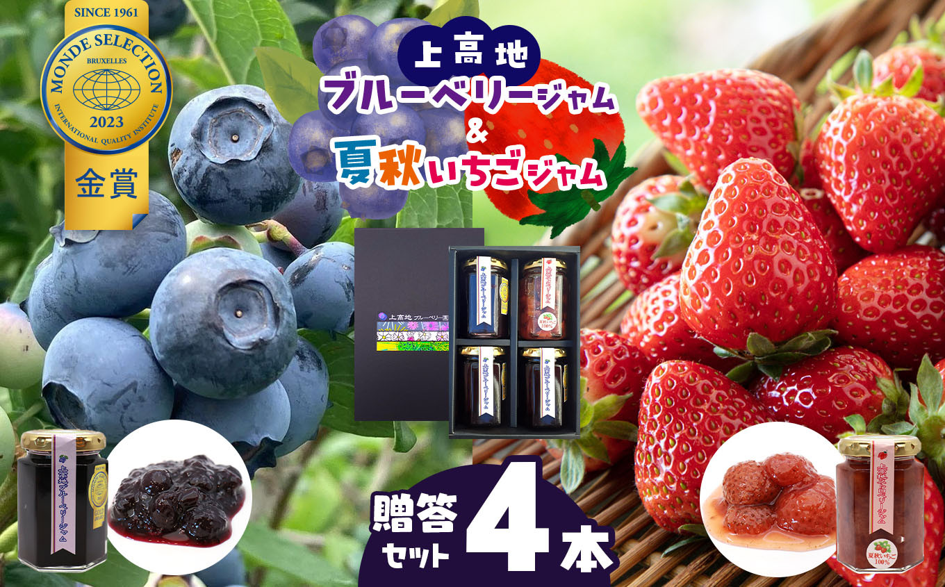 
            上高地ブルーベリージャム&夏秋いちごジャム贈答4本セット │信州 贈答用 ブルーベリー いちご ジャム 新鮮 加工品 甘い 美味しい 特別
          