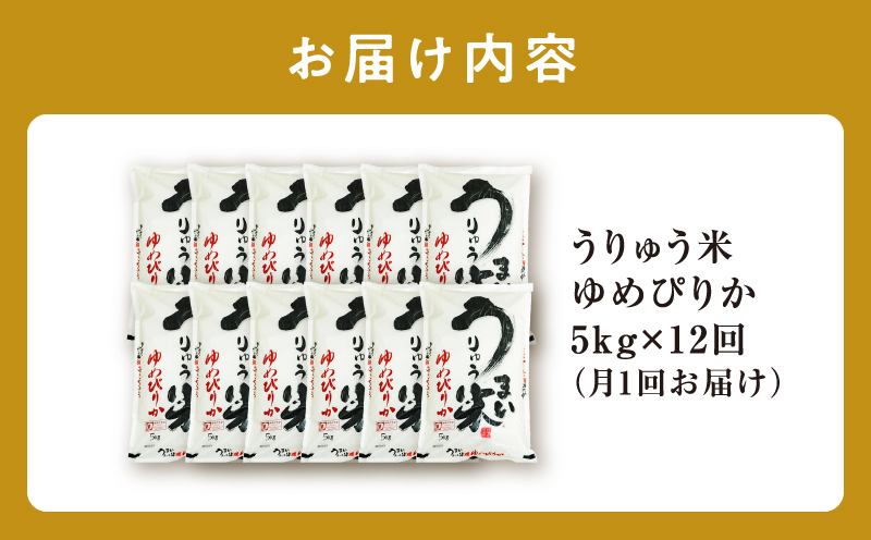 【定期便全12回】【新米予約】 令和7年産 うりゅう米 ゆめぴりか 5kg（5kg×1袋）毎月1回お届け お米 米 ごはん ご飯 12ヶ月 連続お届け 定期便 特A 新米 単一原料米 お弁当 国産 人