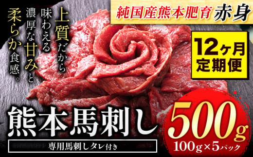 【12ヶ月定期便】赤身馬刺し500g【純国産熊本肥育】タレ付き 生食用 冷凍《お申込み月の翌月から出荷開始》送料無料 熊本県 球磨郡 山江村---ym_fjst5tei_26_159500_mo12n