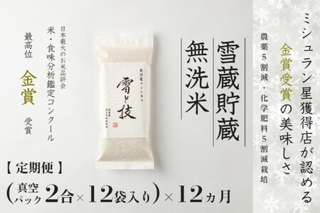 【令和7年産】 定期便 （真空パック 2合 ×12袋）×12ヶ月 雪蔵貯蔵 無洗米 魚沼産コシヒカリ 雪と技 金賞受賞 農薬5割減・化学肥料5割減栽培 |津南町 魚沼