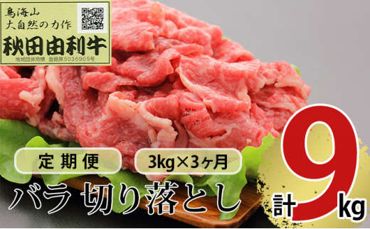 
《定期便》3ヶ月連続 秋田由利牛 バラ切り落とし 3kg（1kg×3パック）
