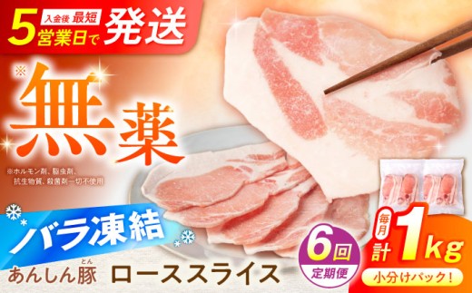 【6回定期便】《バラ凍結》無薬育ちのあんしん豚 豚ロース スライス 1kg （500g×2袋） 豚肉 ぶた肉 冷凍肉 ロース 小分け 薄切り ロース 大容量 パラパラ 生姜焼き とんかつ 炒め物 ストック あんしん豚 冷凍 無薬 無薬育ち 家族向け 普段使い グルメ お取り寄せ 国産豚 ジューシー ポーク 白川町 / 藤井ファーム [AWAF051]
