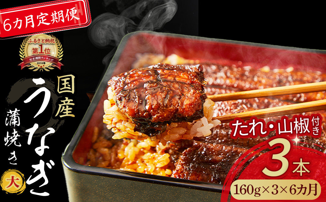 
            〈鰻大好き定期便〉うなぎ蒲焼き≪大≫（160g x 3本）6カ月セット Sesu-05 冷凍 蒲焼 鰻 ウナギ うなぎ 蒲焼き 肉厚 土用の丑の日 本格うなぎ
          