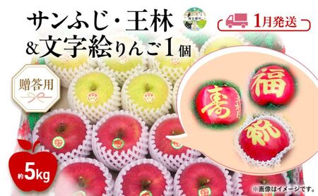 りんご 【1月発送】糖度13度～ 贈答用 サンふじ 王林 約5kg ＋ 文字絵入りりんご1個　リンゴ 林檎 青森りんご 糖度 13度 甘い 酸味 デザート フルーツ 果物 産地直送 旬 季節限定 弘果物流 青森県 西目屋村 西目屋村産