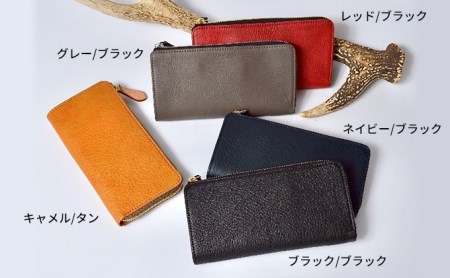 Groover Leather 信州鹿革：Lジップウォレット DLZ-100 グレー/ブラック