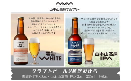 クラフトビール 定番2種飲み比べ 計6本(330ml×各3本) IPA＆ホワイトエール 地ビール ご当地 新潟 山本山高原ブルワリー 【0002-0288-02】