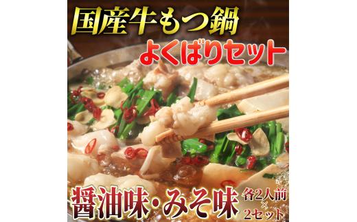 国産牛よくばりもつ鍋セット 醤油味2人前&みそ味2人前(計4人前)〆はマルゴめん 福岡県産の米粉麺　川崎町