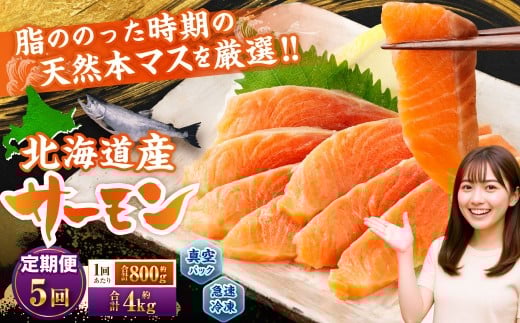 【5回定期便】 北海道産サーモン 計約4kg （約200g×4パック）×5回 サーモン 本マス マス 天然 新鮮 塩締め 急速凍結 小分け 冷凍