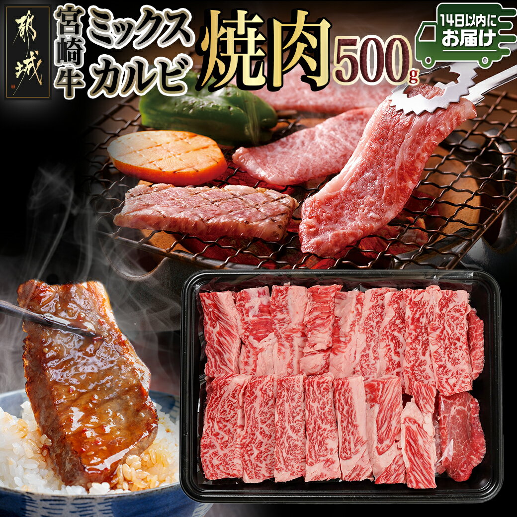 【ふるさと納税】宮崎牛ミックスカルビ焼肉500g≪みやこんじょ快速便≫ - 宮崎県産宮崎牛 ブランド牛 国産黒毛和牛 ミックス カルビ 焼肉 ウデ/バラ/肩ロース/モモ いずれか2部位 冷凍配送 焼き肉 A4 A5 送料無料 14-8902-R 【宮崎県都城市は2年連続ふるさと納税日本一！】