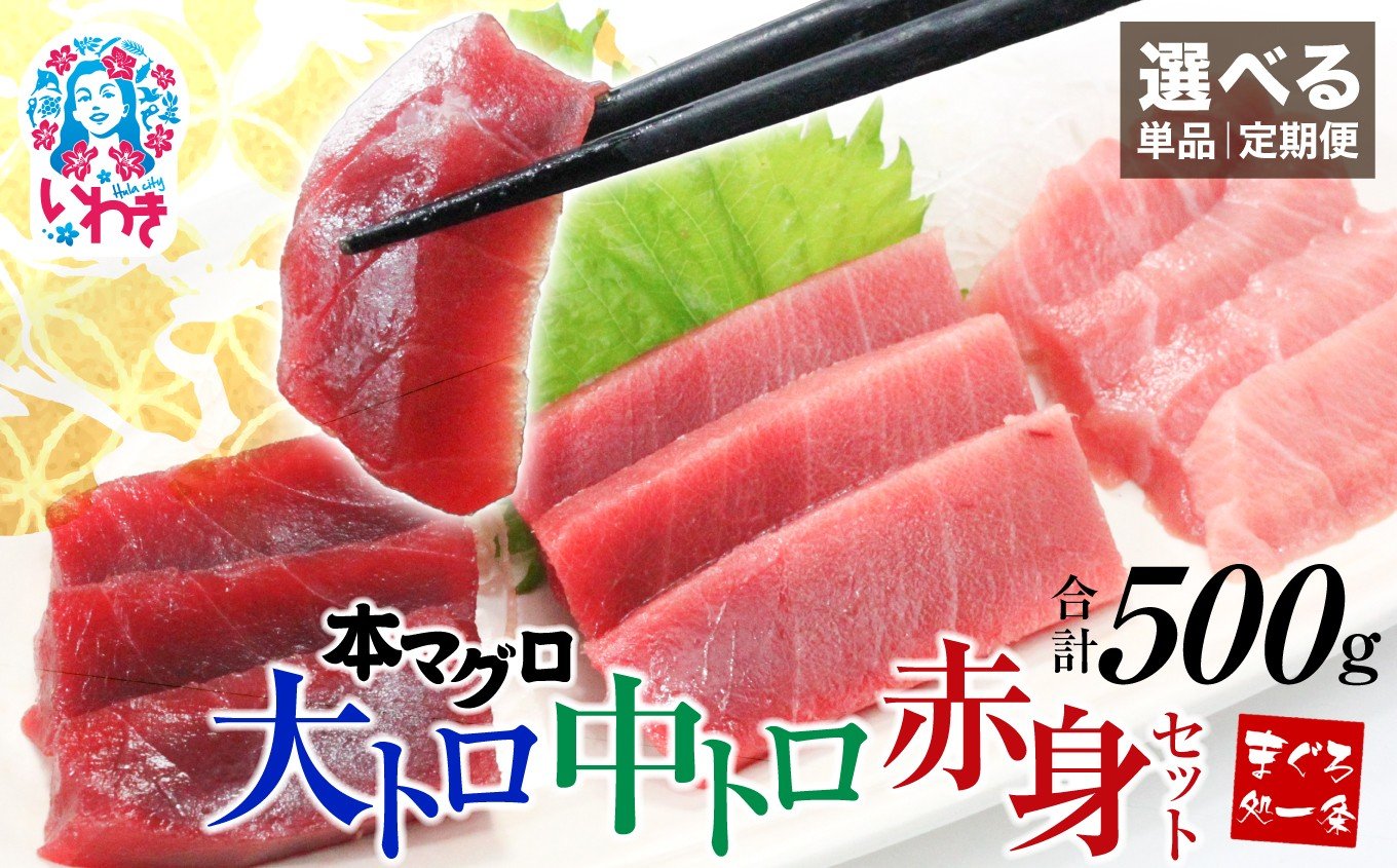 
            選べる単品・定期便 1～12回 本マグロ大トロ中トロ赤身セット500g　解凍レシピ付　1サクずつ真空包装
          