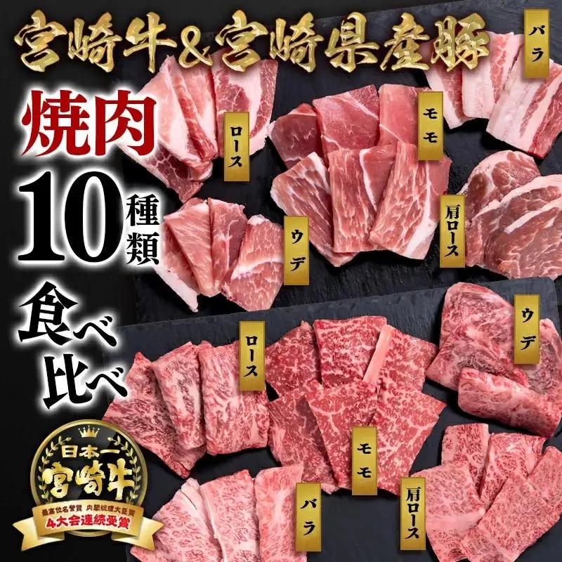 宮崎牛＆宮崎県産豚肉 焼肉10種盛り 食べ比べセット計600g 宮崎牛4等級以上 国産牛 豚肉  ブランド牛 ミヤチク 内閣総理大臣賞4連覇＜47-3b＞