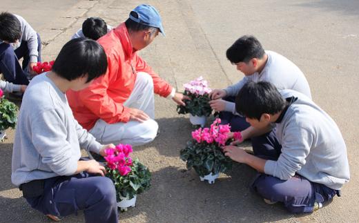 先生、生徒が丹精込めて丁寧に育てています。写真は、出荷前の最終確認です。