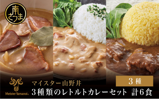 
【マイスター山野井】3種類のレトルトカレーセット 計6食（グリーン・クリーム・カシラ肉／各2食） カレー 食べ比べ 常温保存 簡単調理 電子レンジ レトルト ごはん おかず 惣菜 グルメ ギフト 山野井 鹿児島 南さつま市
